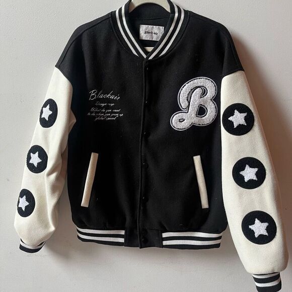 Black Air Varsity Letterman Jacket Black & White Better With Fries Preowned - Picture 3 of 5